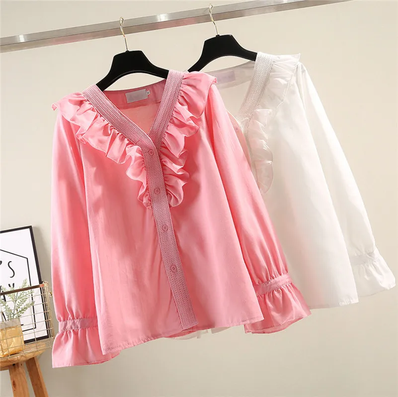 Женская блузка с длинным рукавом и оборками весна-осень | одежда