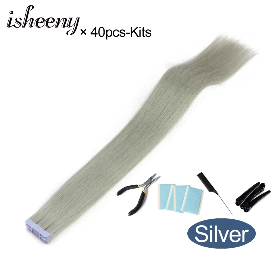 Isheeny 1" 18" 2" 22" 2" лента в Пряди человеческих волос для наращивания Прямой Реми на клей Невидимый PU выдвижение утка 14 цветов Выберите - Цвет: Silver-40pcs