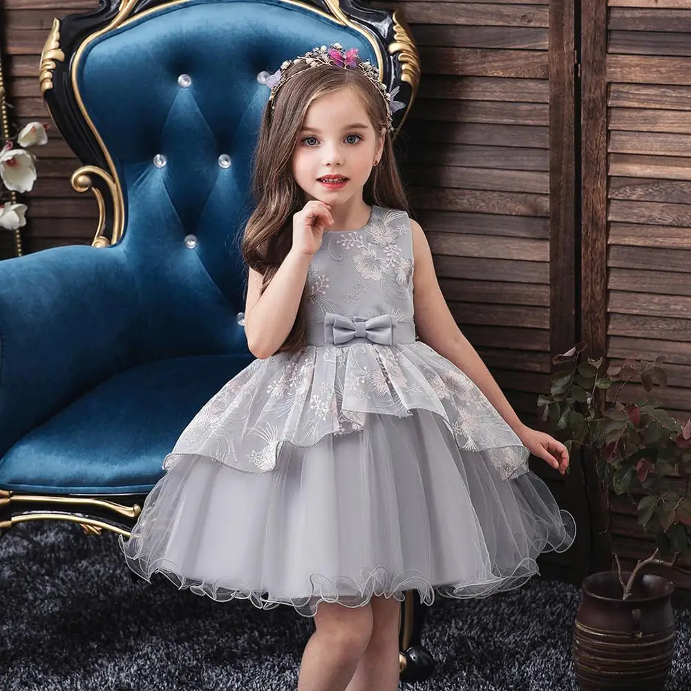 Baby Girls Grey Princess Dress for Christmas Children Ball Gown Dresses for 1st Birthday Party Kids Elegant Embroidery Dresses