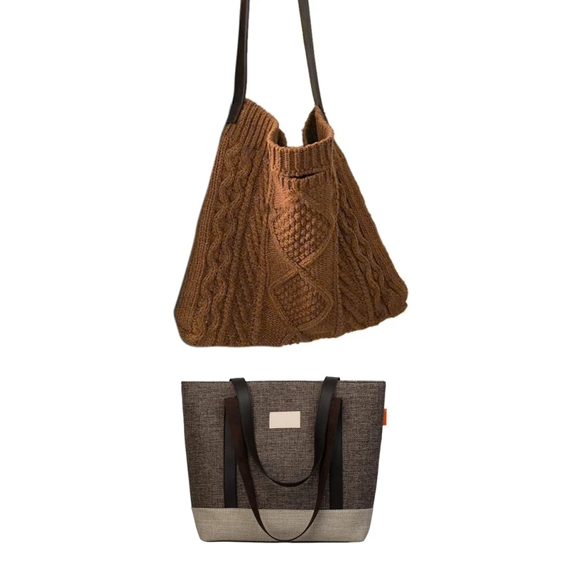 

2PCS Wild Messenger Bag Female Atmosphere Handbag with Fashion Winter Plush Retro Women's Knitted Woven Shoulder Bag