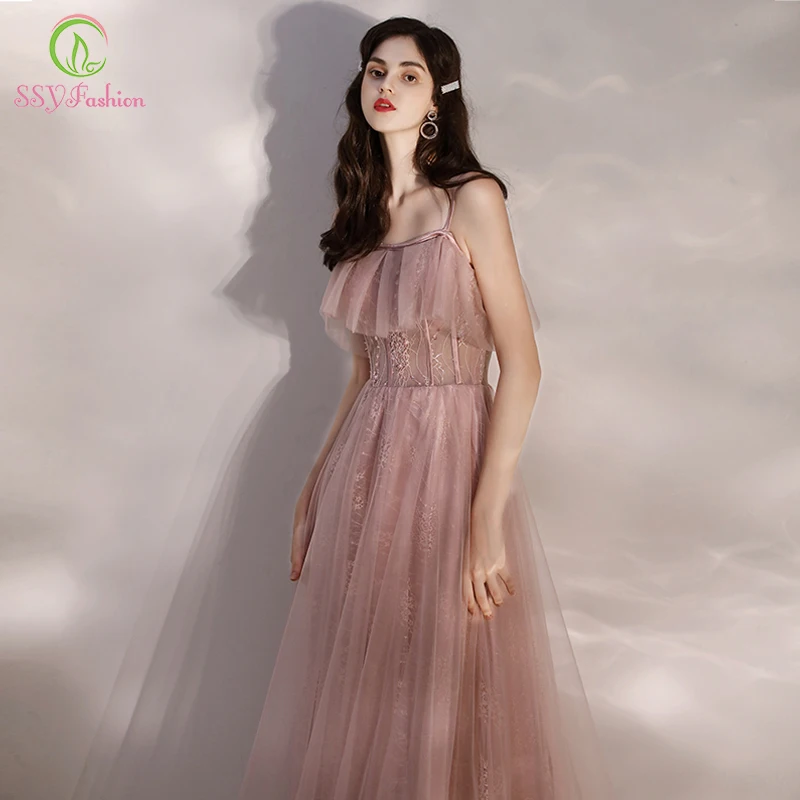 Женское вечернее платье без рукавов SSYFashion розовое телесного цвета на бретельках