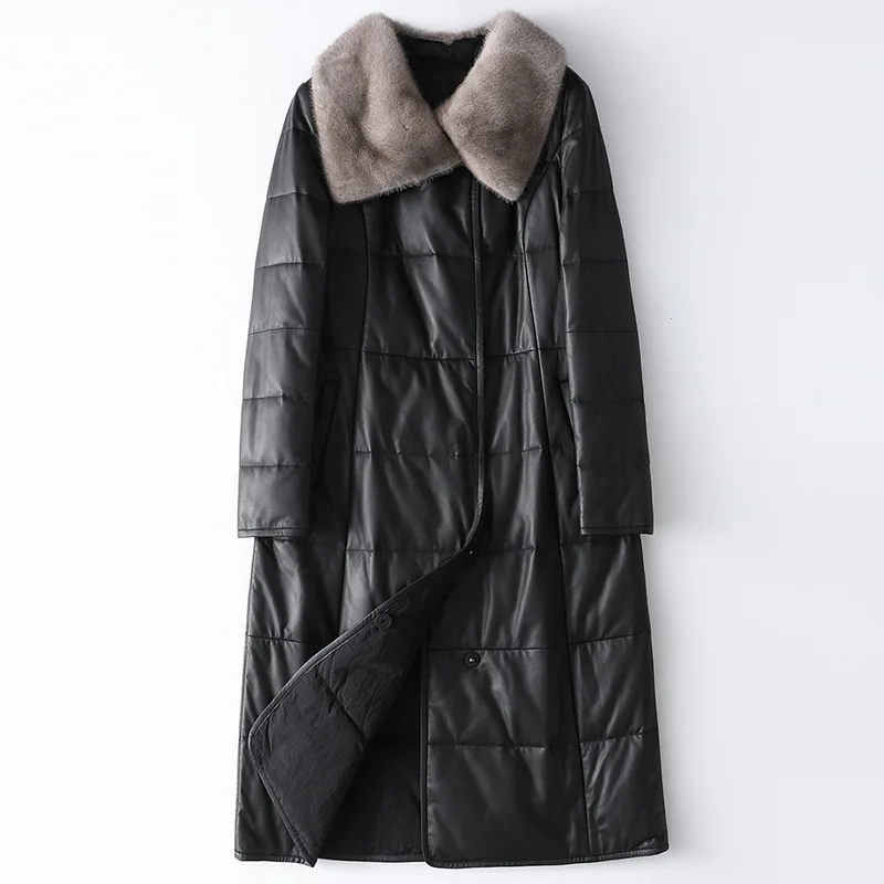 

Free Shipping Fashion New Mink Fur Collar Leather Down Jacket Women's Sheepskin Loose Black Coat Thick Warm Windbreak Clothes