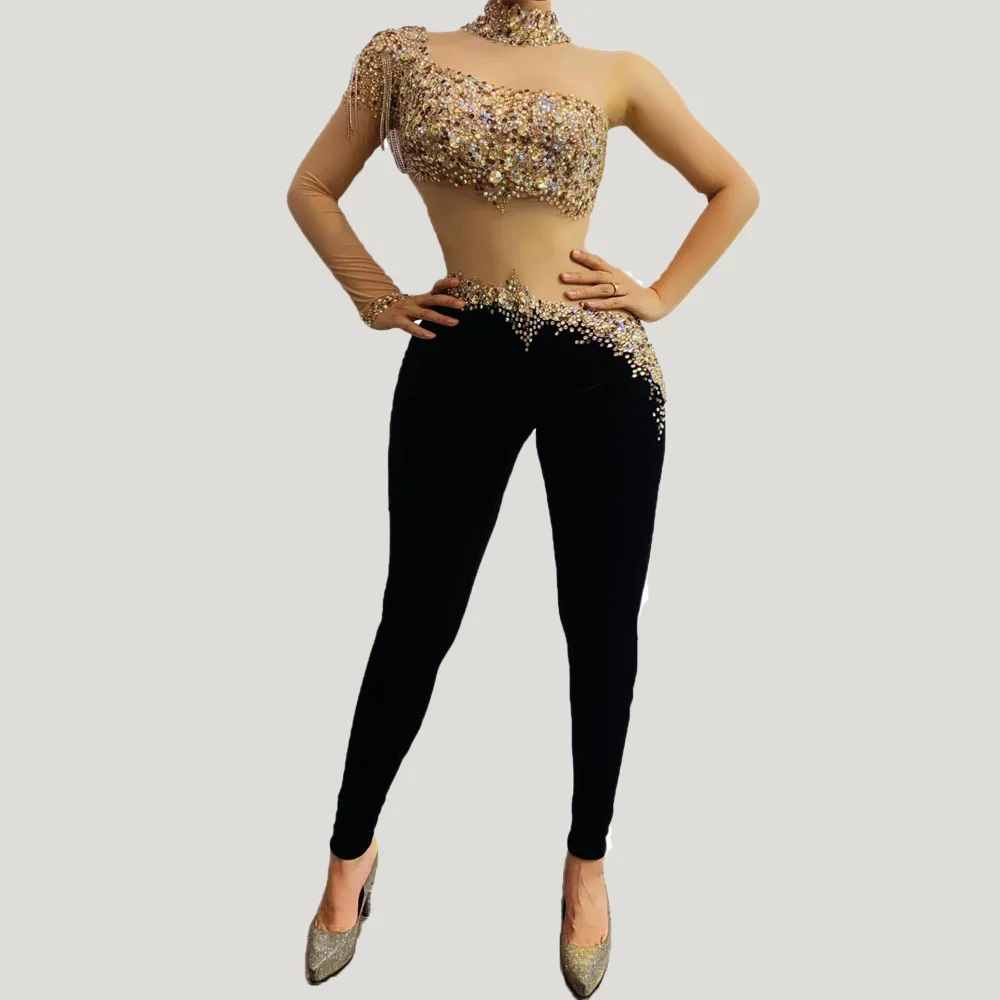 

black one shoulder Sexy Womens dj ds High Elasticity Beading jumpsuit spandex Bodycon New Fashion