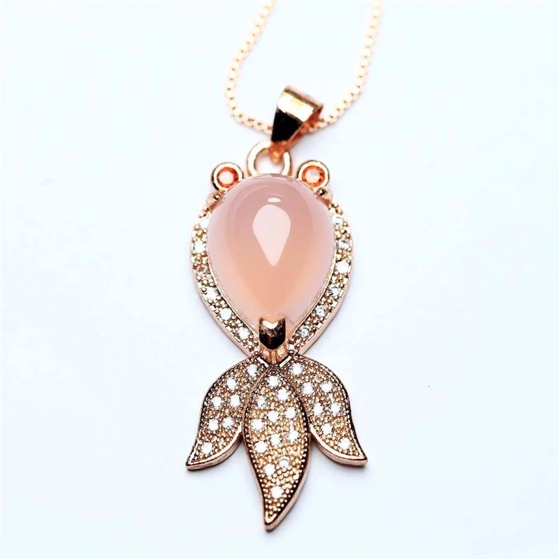 

New style 925 silver inlaid natural pink chalcedony goldfish pendant fashion women's clavicle chain pendant jewelry gift box