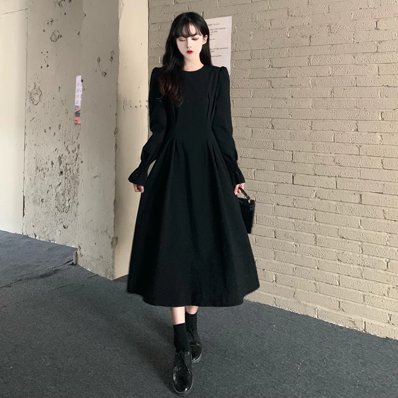 Черное платье с длинным рукавом женское осеннее новый комплект из двух предметов