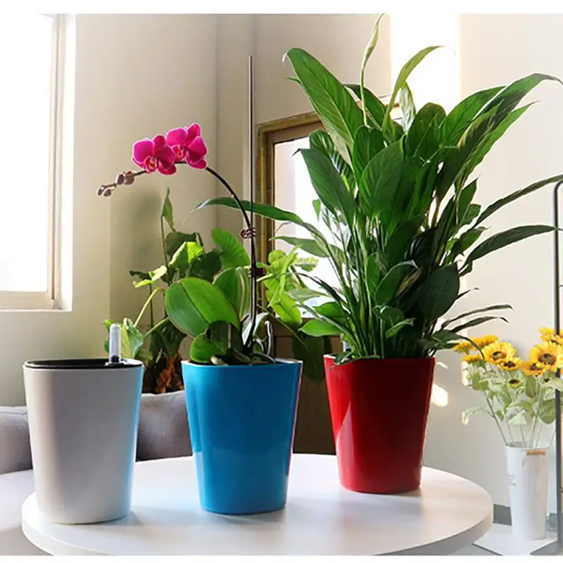 

2021 New PP Self Watering Planters Flower Pots Indoor with Water Level Indicators Desktop Green Plant Potted Resin Flower Pot