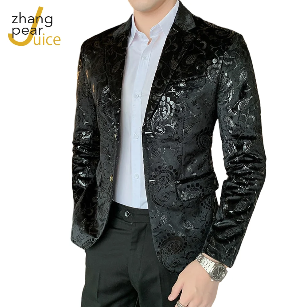 New Arrival Men Full Sleeve Velvet Blazer Slim Fit Suit Jacket Fashion Casual Men Groom Singer Costume Dress Blazer