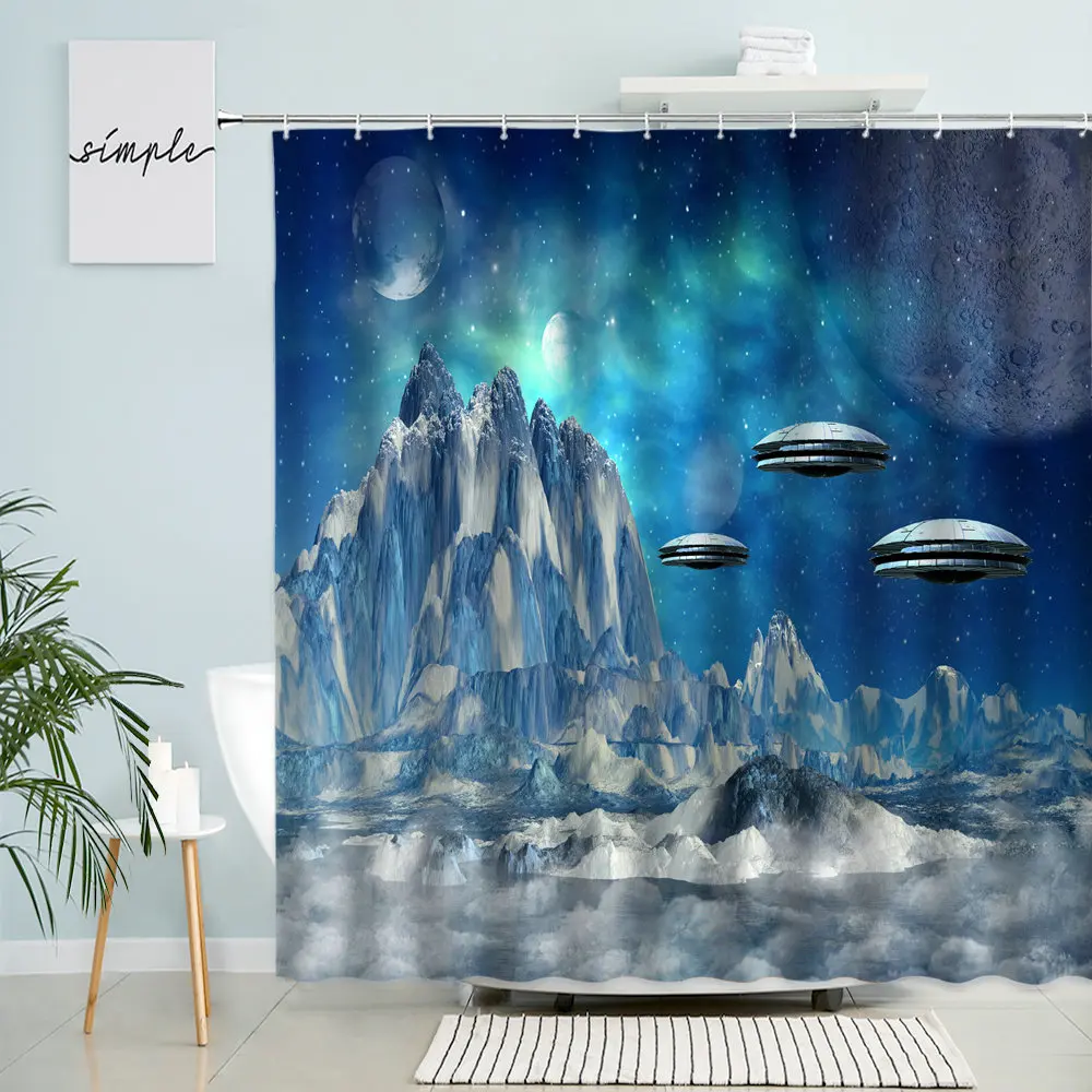 

Science Fiction Theme Shower Curtain UFO Fantasy Universe Starry Sky Snow Mountain Bathroom Decor Waterproof Polyester Curtains