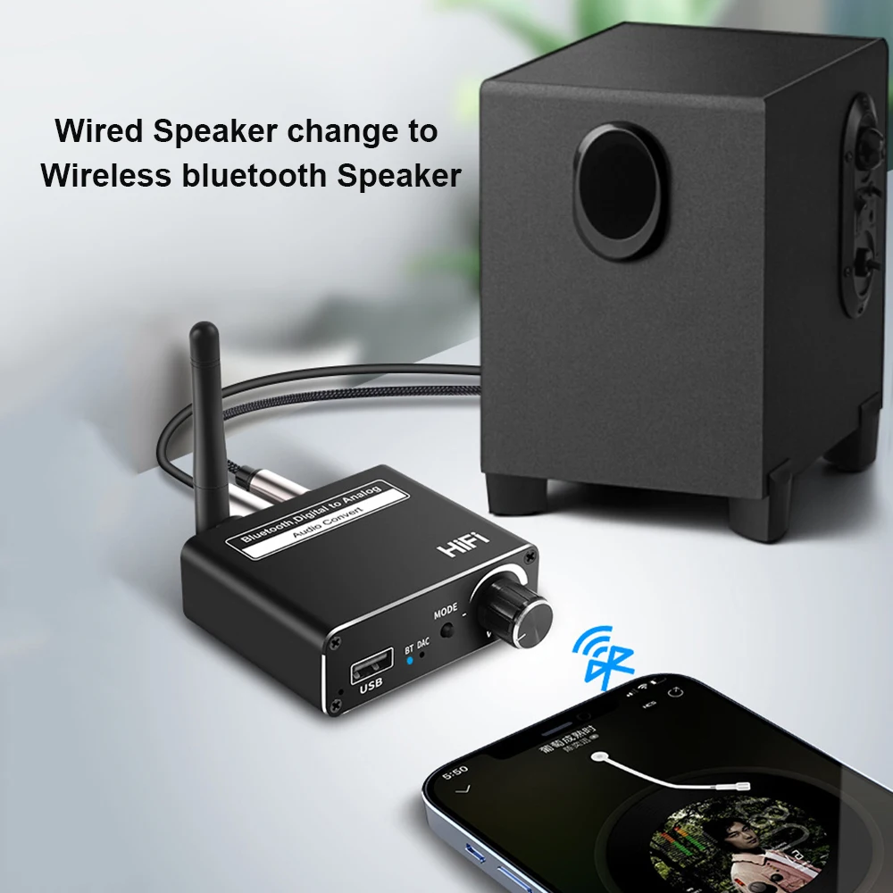 DAC Bluetooth-Compatible 5.0 Receiver Audio Converter Digital to Analog U Disk Play Toslink Optical Coaxial Stereo 3.5mm R/L |