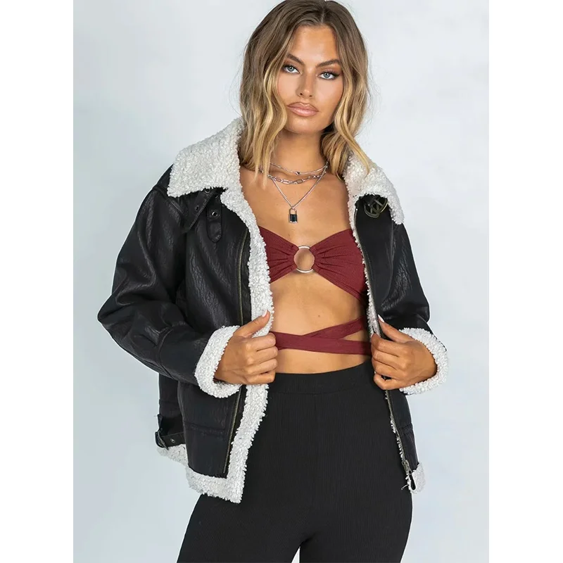MOLAN Fur Leather Winter Jacket Coat Woman 2021 New Fashion Oversize Long Sleeve Warm Overcoat Female Chic Outwear Top