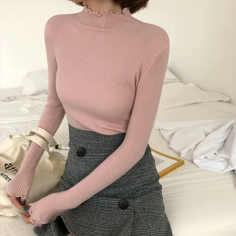 High collar pleated sweater female high elastic Slim 2019 autumn and winter fashion sexy knit pink white black coat | Женская одежда
