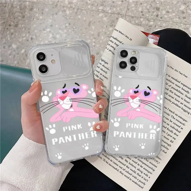 

Fashion pink panther Phone Case transparent For iPhone 7 8 11 12 X XS XR MINI Pro Max Plus Slide Camera Lens Protect