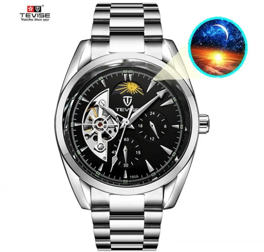 

Fashion Tevise Top Brand Automatic Mechanical Men's Watch Waterproof Sports Watch Silver Stainless Steel Self-Winding Watch