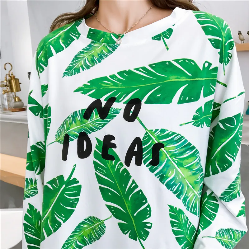 

T-shirts Women O-Neck Long Sleeve BF Harajuku Korean Style Leaves Printing Fashion Womens Chic Loose Students Trendy Sweet Soft