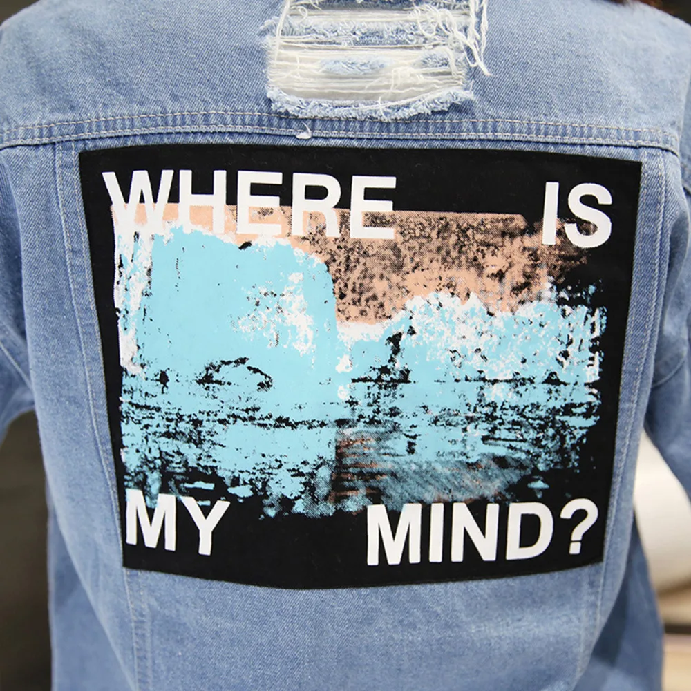 Рваные джинсовые куртки для женщин Where is my mind Корея Ретро Вышивка письмо патч