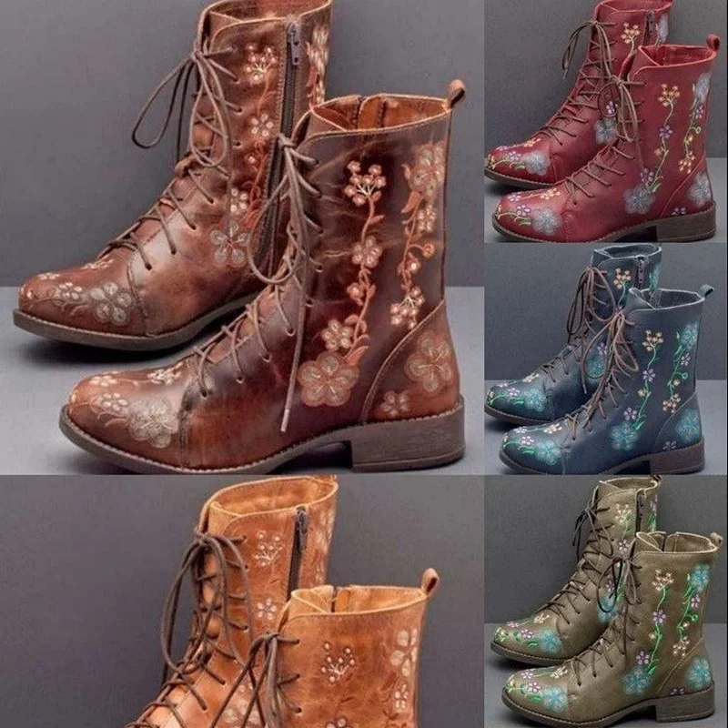 

Women's Ethnic Long Tube Boots Handmade Embroidery Winter Mid-Calf Riding Boot Lady Retro Rome Style Low Heel Leather Shoes New