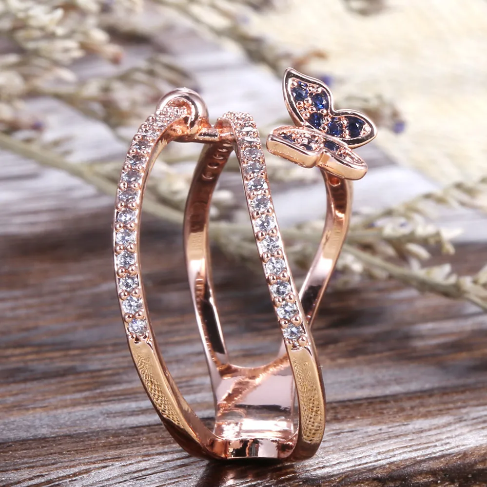 Милый женский маленькая бабочка, носки с милыми животными: кольцо 18KT розовое золото Обручение кольцо Винтаж обручальные кольца для Для женщин
