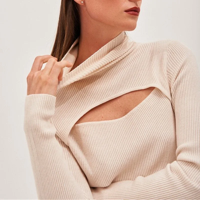 

Purple Knitted Turtleneck Hollow Out Casual Long Sleeve T-shirt Skinny Autumn Slim 2021 Fashion Women Hot Tees Lady Clothing
