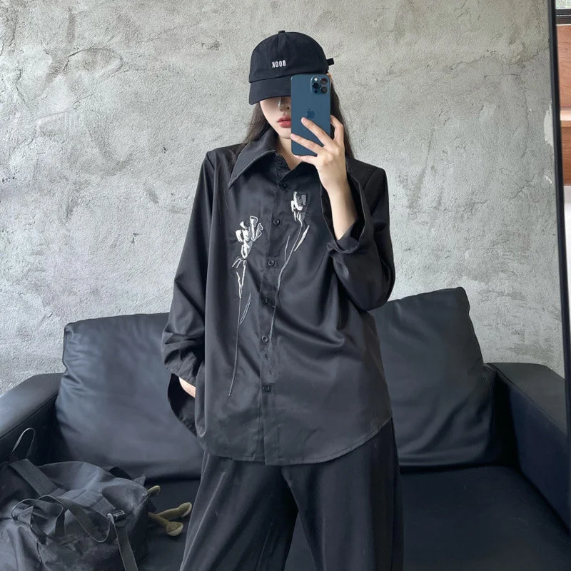 

Black Loose Shirt Women Autumn 2021 Long Sleeve Flower Embroidery Design Thin Shirts High Street Grunge Clothes