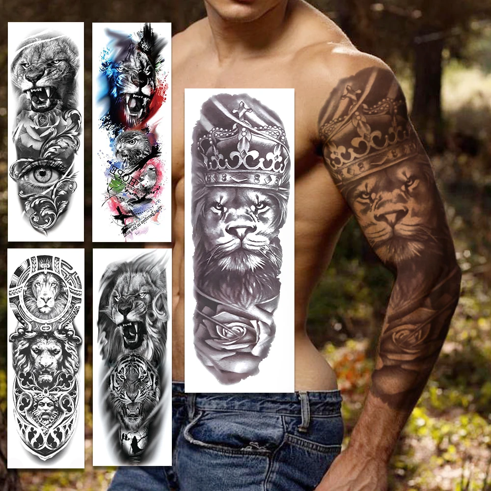 

Черные Временные татуировки на всю руку для мужчин и взрослых, реалистичный Лев, тигр, Орл, реалистичные искусственные водонепроницаемые та...