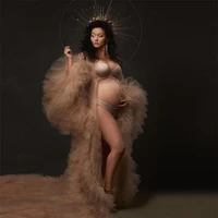 champagne see thru ruffles evening dresses maternity robe photography full sleeves long mesh tulle women baby shower custom made
