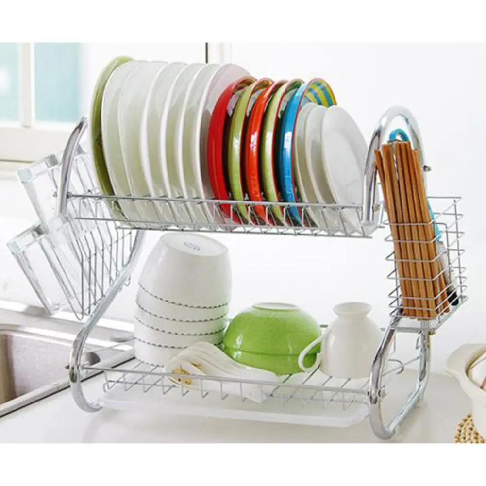 Large Capacity Stainless Steel 2-Layer Dish Drainer Drying Rack for Kitchen Storage | Дом и сад