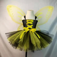 girls yellow butterfly fairy tutu dress kids crochet tulle dress with ribbon and wing set children birthday party costume dresse
