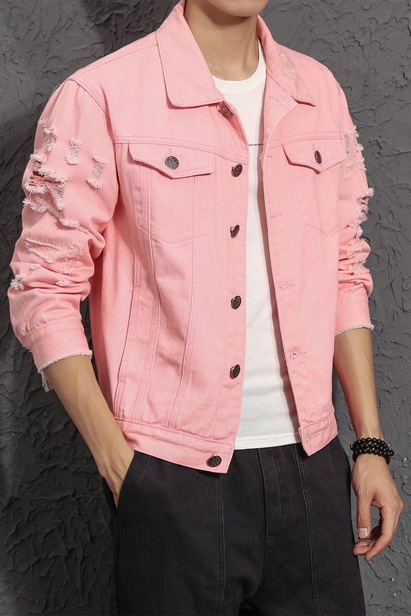 Мужская джинсовая куртка розовая черная Потертая Размеры M- 5XL - купить по