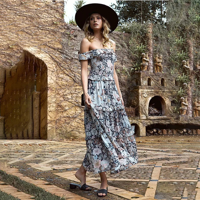 Элегантное длинное вечернее платье с цветочным принтом и оборками Летнее