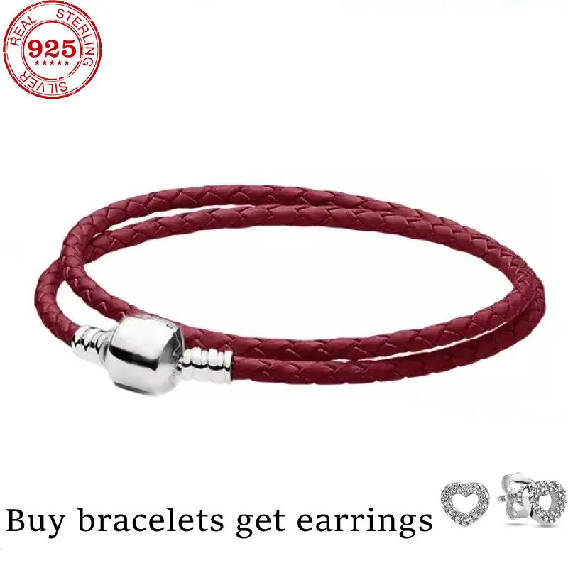 

Original Multicolor Double Leather With Logo Button Clasp Bracelet Fit Fashion 925 Sterling Silver Bangle Bead Charm DIY Jewelry