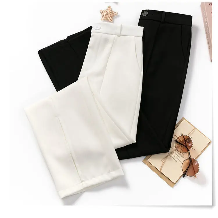 

2021 New Women Summer Solid Wide-Legged Suit Pants Female Casual High Waist Trousers Ladies Office Ankle-length Split Pants L347