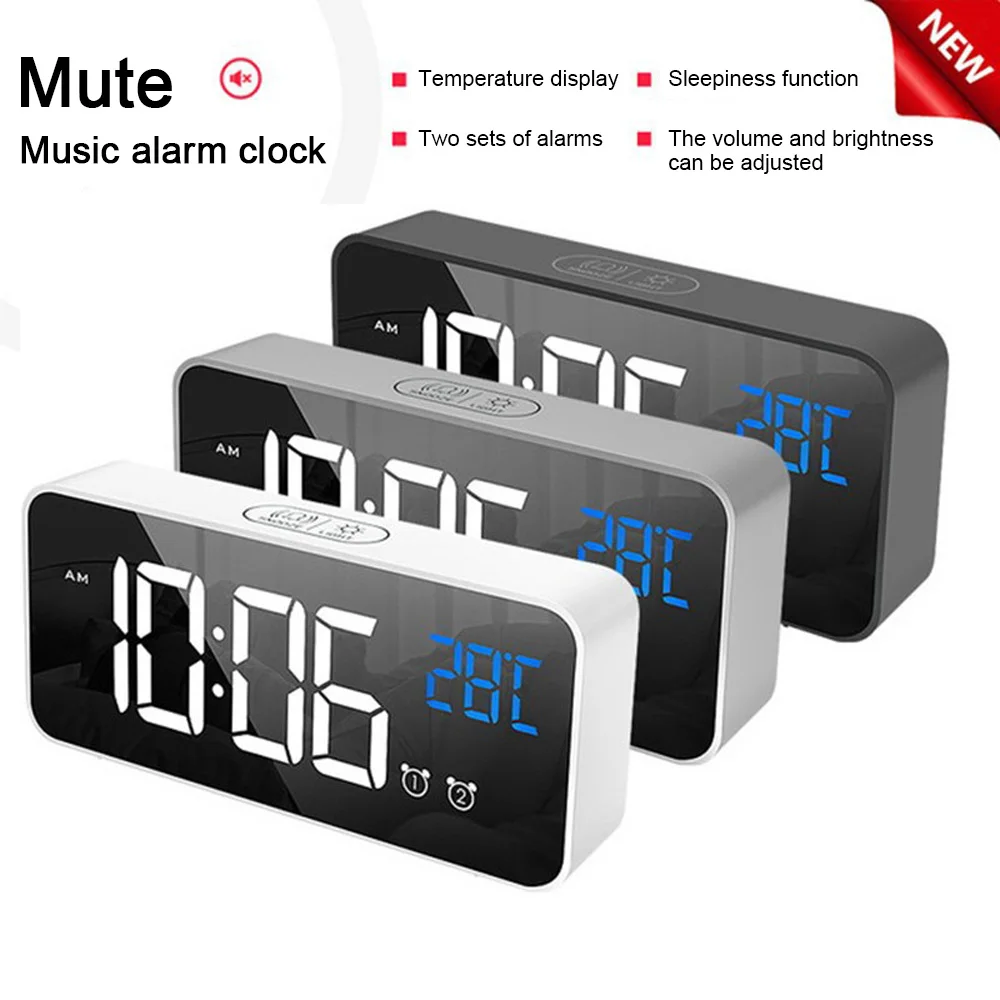 

LED Music Alarm Clock Digital Snooze Desk Clock Wake Up Light Electronic Large Time Temperature Display Table LED Alarm Clock
