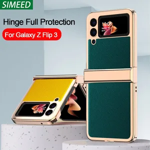 for samsung galaxy z flip 3 5g case hinge full protection cross pattern leather shockproof hard phone cover for samsung z flip3 free global shipping