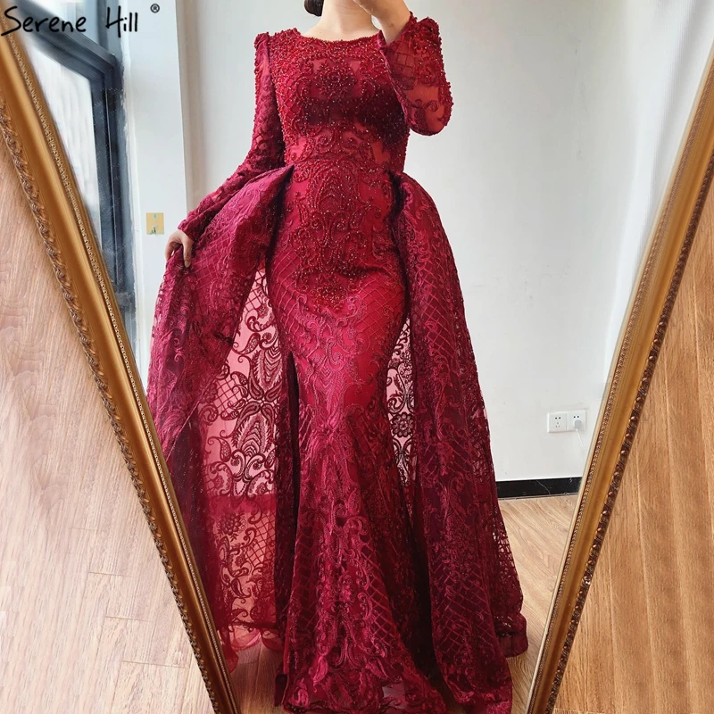 Винно-красное вечернее платье с длинным рукавом Дубай 2020 Русалка О-образным