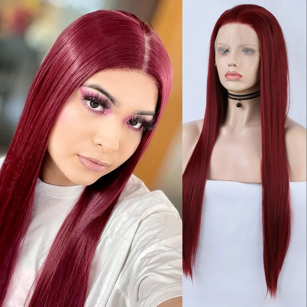 

Burgundy Cheap Synthetic Hair Bone Straight Heat Resistant Fiber Lace Front Wigs for Women Silky Straight 99J Color Wigs