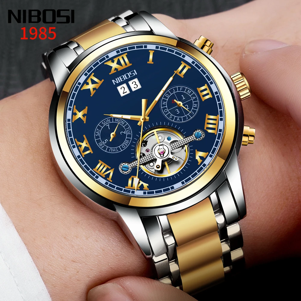 

2021 Automatic Mens Watches NIBOSI Luxury Brands Mechanical Watch Men Stainless Steel Skeleton Toubillon Wristwatches Relogio