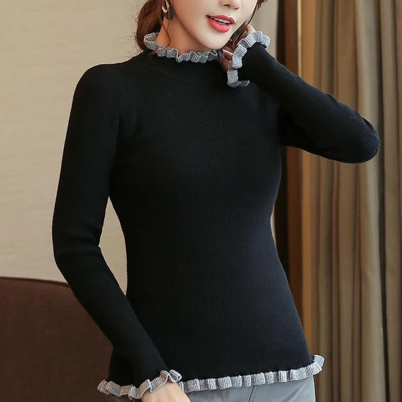 Women sweaters and pullovers 2021 ladies tops long sleeve solid turtleneck dress Pullovers Flare Sleeve Ruched femininas 6351 90 | Женская