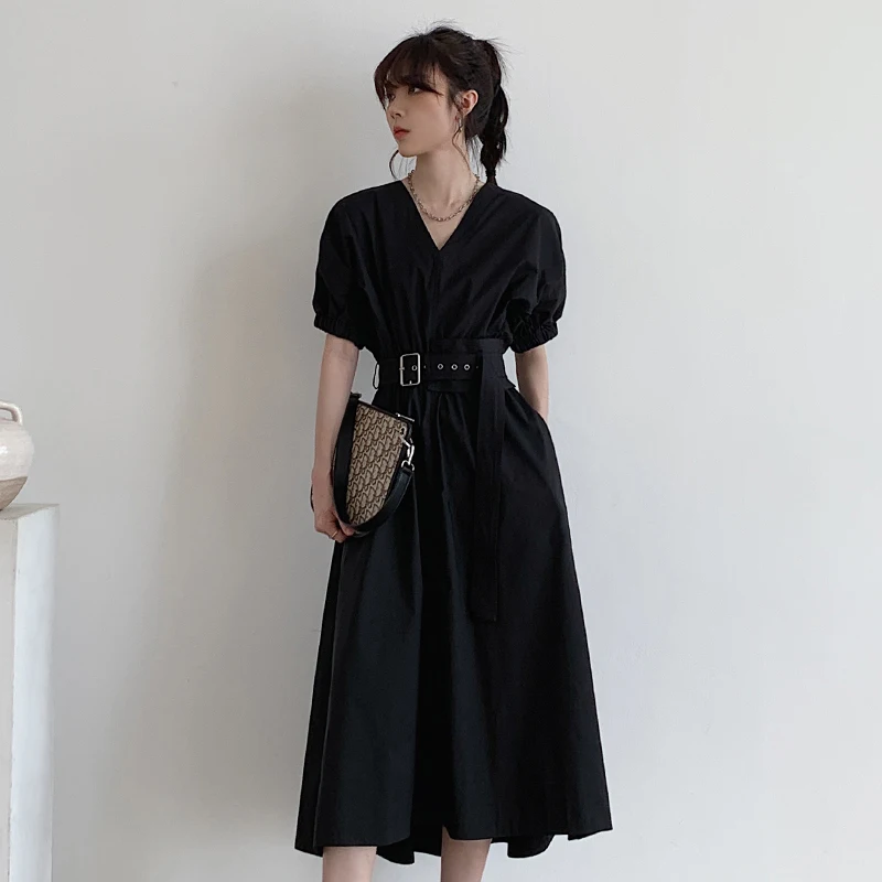 

Black Dress for Women Summer 2021 New Vintage Court Style Puff Sleeve V-neck Tight Waist French Style Hepburn Long Dress