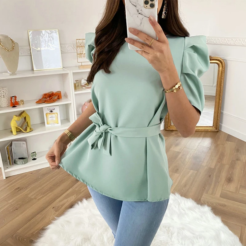 

2020 New Fashion Clothing Short Sleeve Bow Bandage Womens Blouses Summer O-Collar Solid Color Puff Sleeve Women Hollow Out Shirt