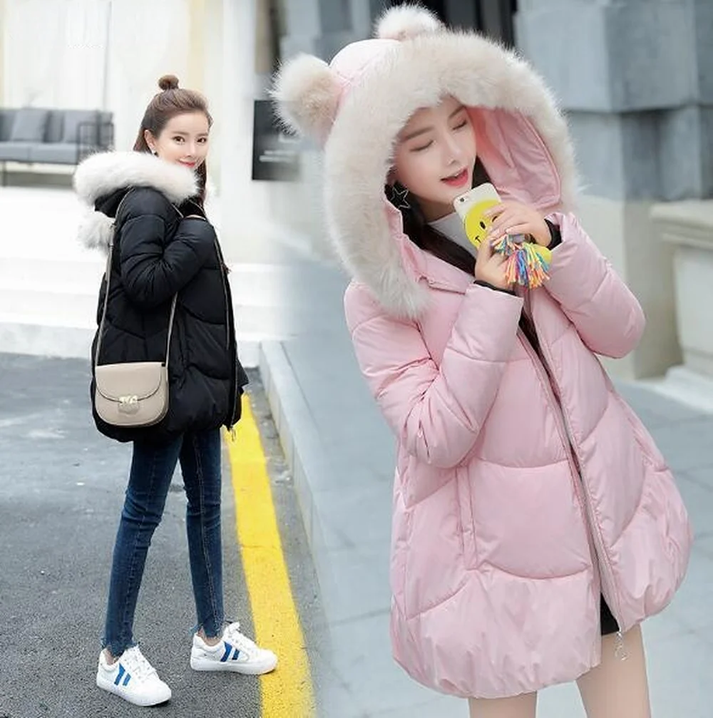 2021 Korea Outwear Faux Lamb Fur Coat Parkas Women Warm Winter OverCoat Black Faux Fur Collar Hooded Jacket New Fashion