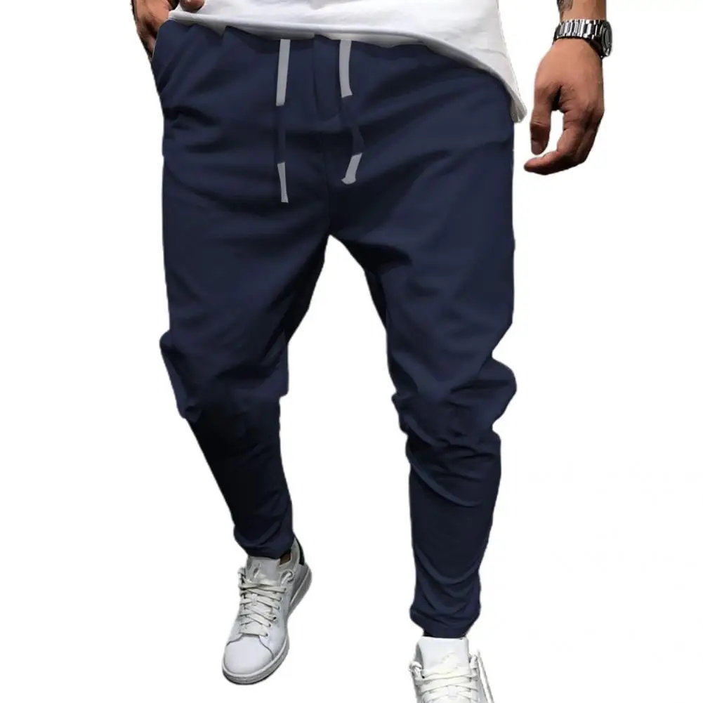 

Men Pants with Drawstring Breathable Solid Color Cotton Linen Stretch Elastic Trousers Male Bodybuilding Training for Daily Wear