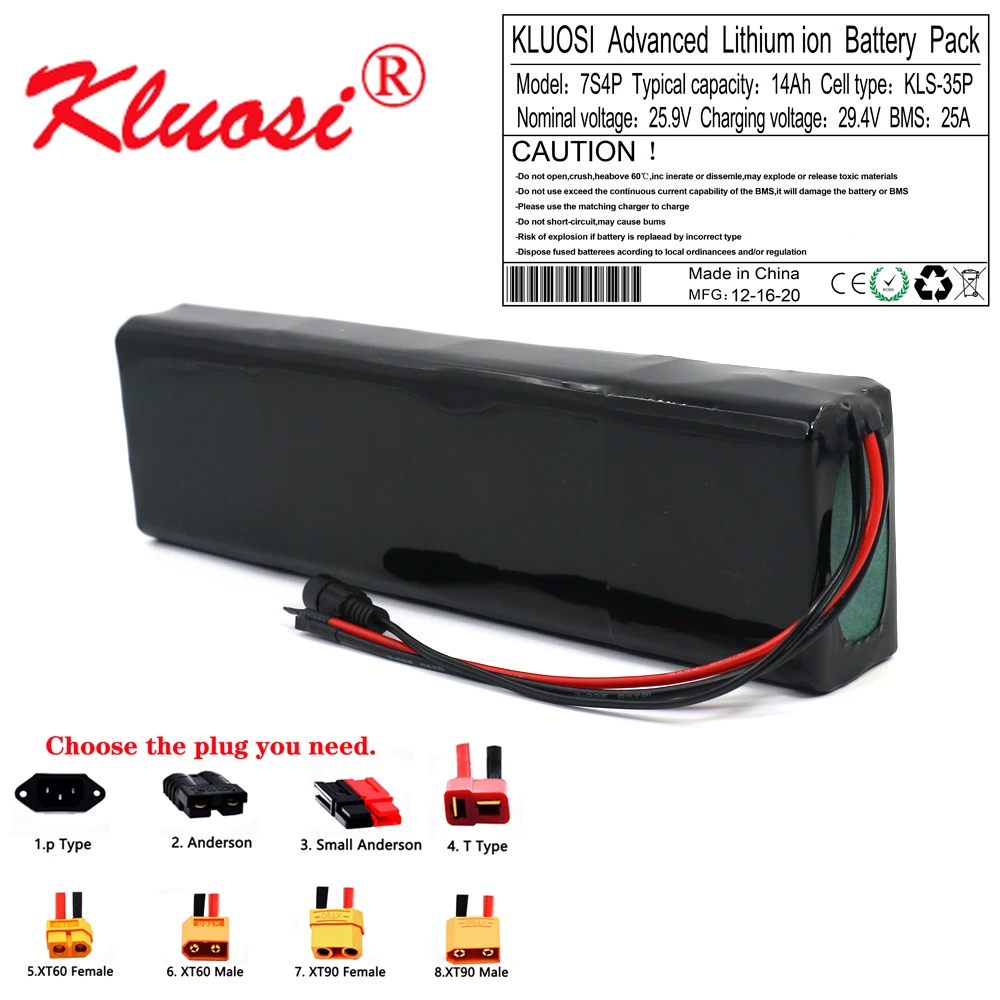 

KLUOSI 7S4P 24V 14Ah 25.2V 29.4V Li-ION Battery Pack with 25A BMS for Electric Moped Ebike Scooters Bicycle Power Wheelchair