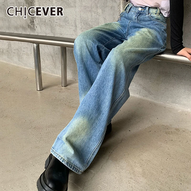 

CHICEVER Colorblock Loose Casual Pockets Jeans Female High Waist Button Temperament Fashion Pant For Women Autumn Style 2021 New