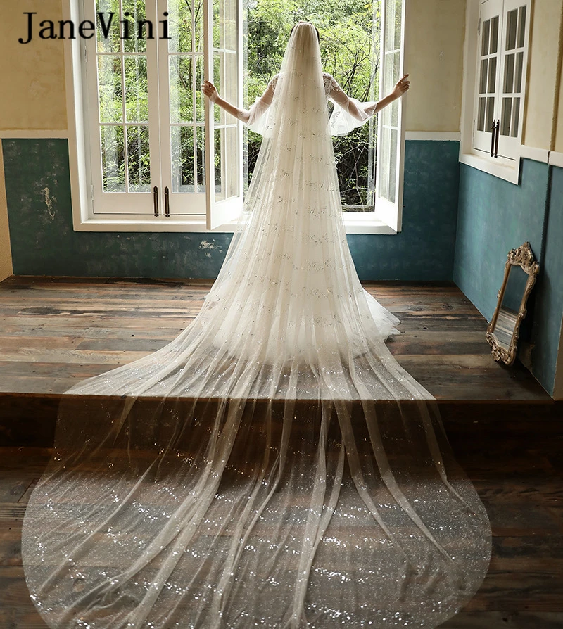 JaneVini с блестками Длинная свадебная Фата расческой один Слои элегантным дизайном