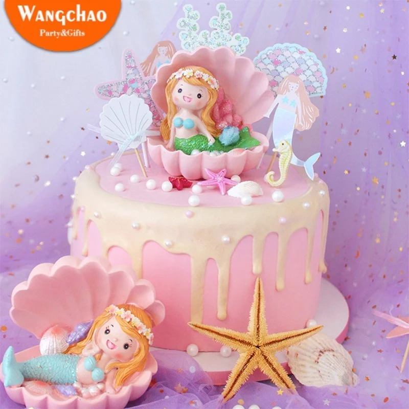 

New Mermaid Cake Topper Mermaid Party Decoration Kids Favors Boy&girl Baby Shower Happy Birthday Cake Decoration Party Supplies
