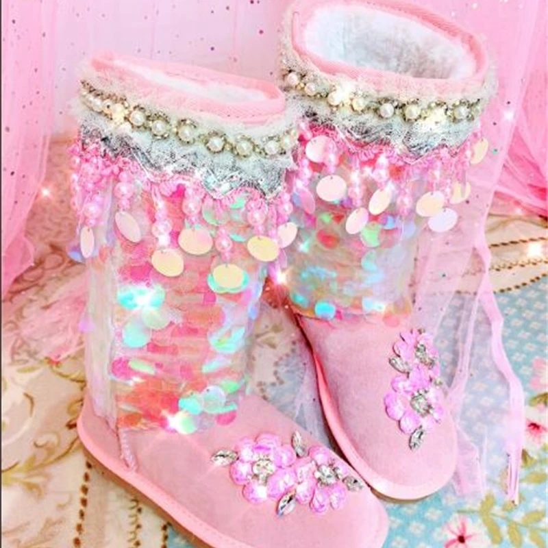 

Heavy work handmade rhinestone gemstone flower beaded tassel sequins high tube snow boots