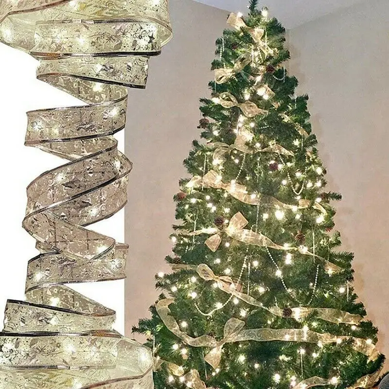

5M LED Ribbon Christmas String Light Decoration DIY Xmas Tree Hanging Ornament Lace Bow Ribbon Weddings Home Decor Navidad
