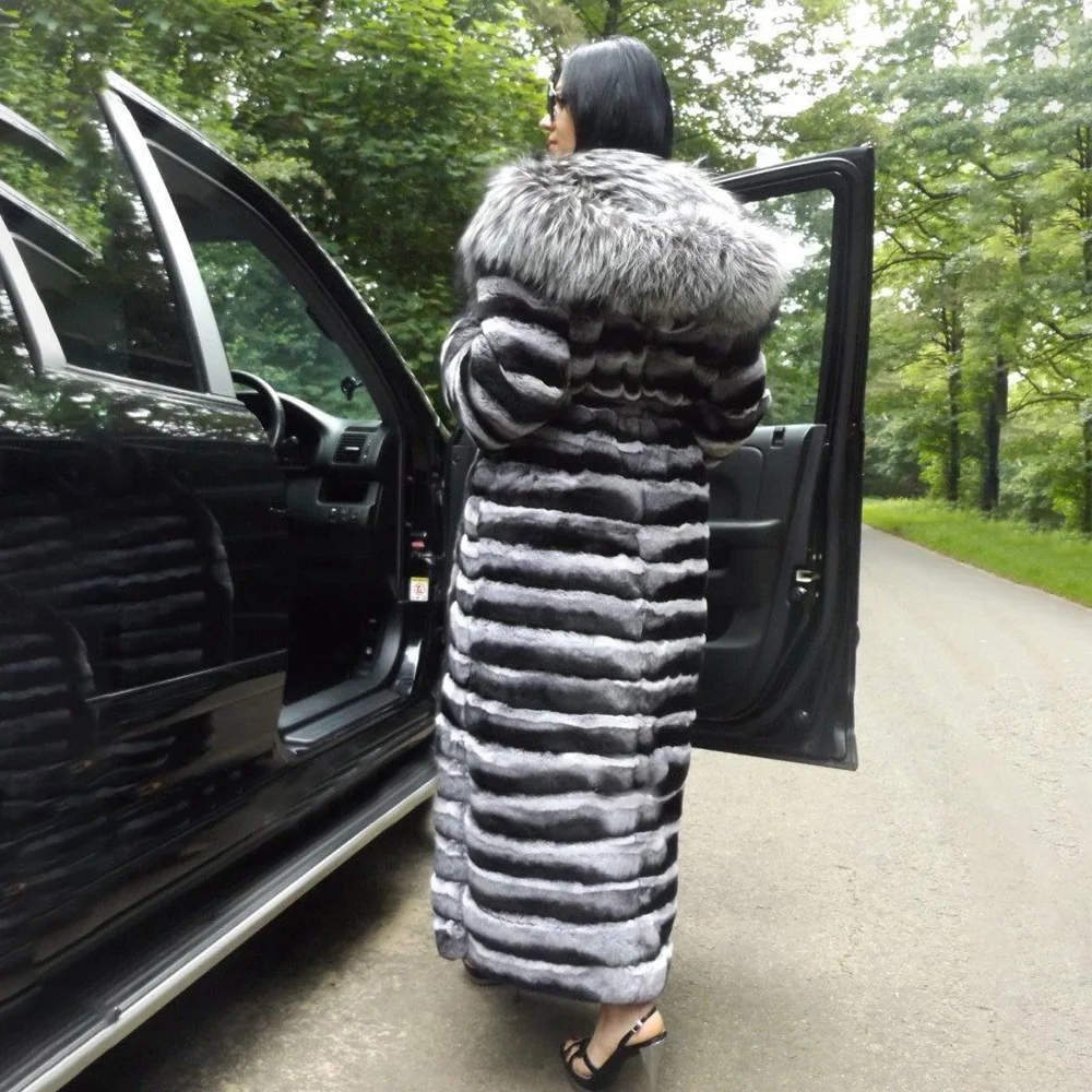 130cm X-long Natural Rex Rabbit Fur Coat With Silver Fox Fur Trim of Hood High Quality Women Winter Genuine Rabbit Fur Coat 2022