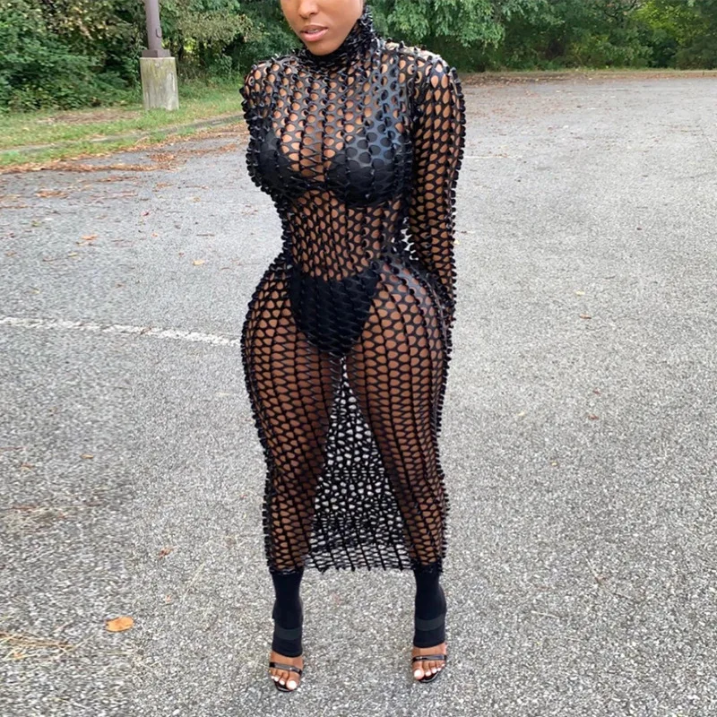 

BKLD женская одежда 2020 осень и зима Новое сексуальное прозрачное платье с дырками облегающее Клубное платье до щиколотки с круглым вырезом