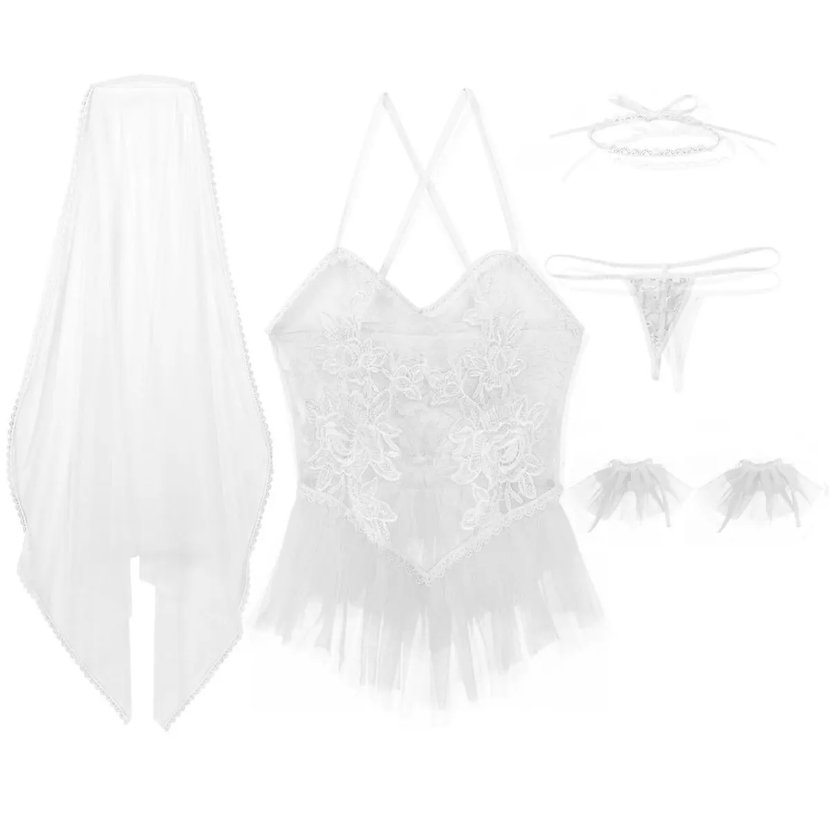 

Womens Cosplay Costume Wedding Lingerie Set Sheer Lace Mini Bodycon Wedding Dress with G-string Briefs Veil Necklace Bracelets